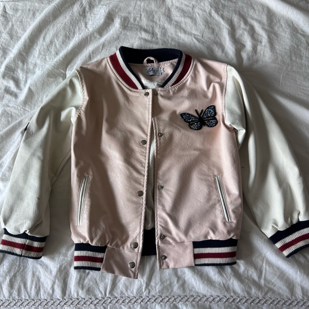 Pink and White Varsity Jacket with Butterfly Patch